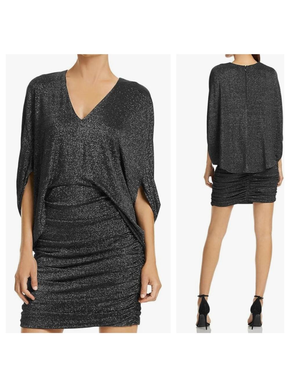 Halston Metallic Knit Dress 4 Black Silver Ruched Batwing Cocktail Evening
